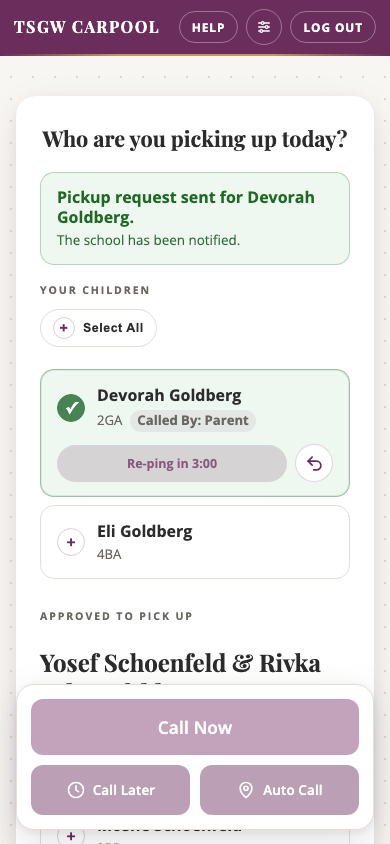 Parent pickup page showing a pickup request sent confirmation.
