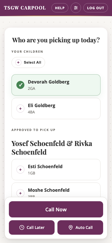 Parent pickup page with one child selected and the I'm Here button ready.