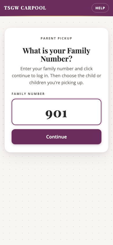 Parent pickup page with family number 901 entered.
