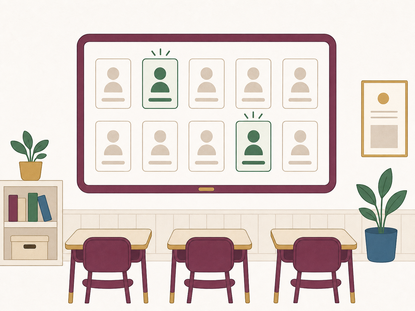 Illustration of a classroom display with called students highlighted.
